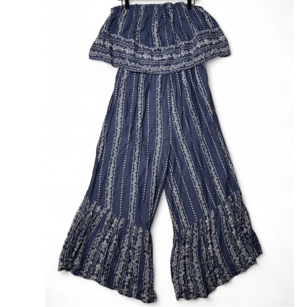 Strapless Ruffle Hem Wide-Leg Jumpsuit - Navy - Picture 2 of 7